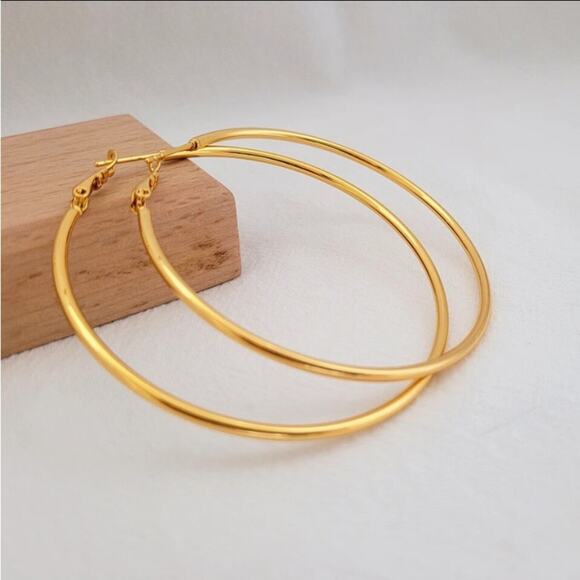 Gold Hoops, 50mm, Thin, Lightweight, Gold Plated, Punk - Picture 8 of 10